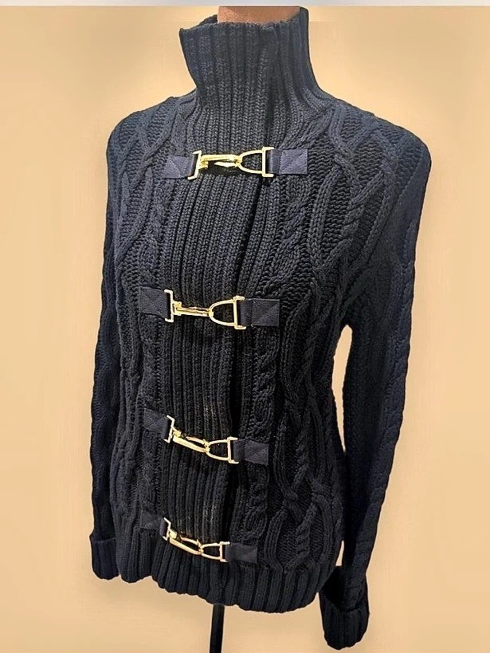 Lauren Ralph Lauren Vintage Black Cable Knit Fireman Clasp Full Zip Cardigan